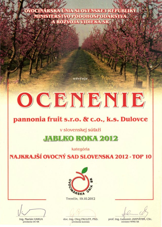 Získali sme ocenenie Najkrajší ovocný sad Slovenska 2012 - TOP 10